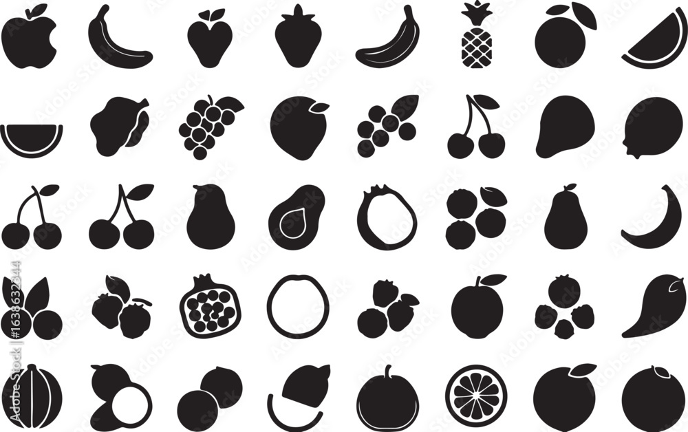 Fototapeta premium Collection of silhouetted fruit icons representing a diverse assortment of healthy produce and natural food choices