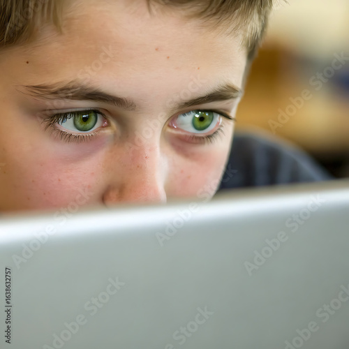 Boy with green eyes focused on laptop screen.
