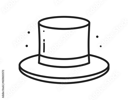 Classic magician's top hat icon. Simple black and white line art illustration of a vintage cylinder hat with a ribbon and sparkles.