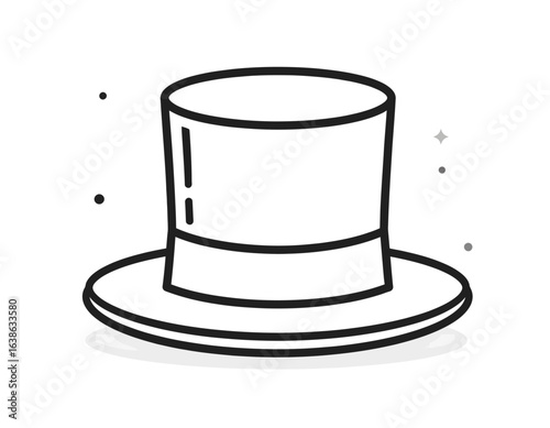 A classic top hat line art illustration. This simple and elegant magician's cylinder hat icon with sparkles represents magic, illusion, and formal style.