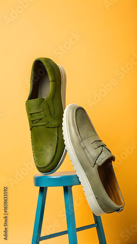 Two pairs of shoes, olive green and gray, perched on a blue stool.
