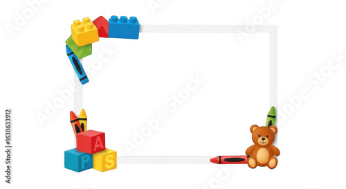 Colorful playful children's border frame with building blocks crayons teddy bear and alphabet blocks for birthday party invitations or scrapbooking