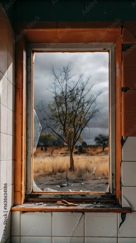 Obraz premium Broken window, barren landscape, a lone tree. Stormy view. 