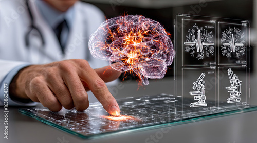 Medical researcher interacting with holographic brain projection for advanced neuroscience studies Generated with AI