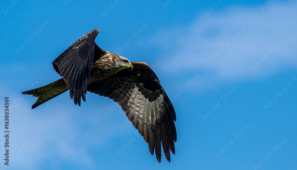 Fototapeta premium A black kite soars against a clear blue sky.