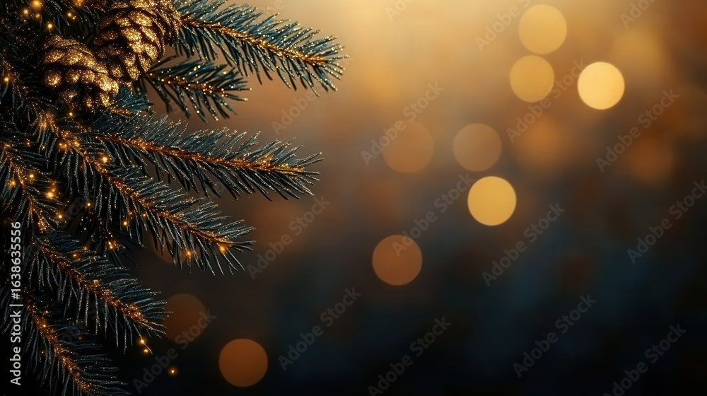 Christmas Fir Branch Adorned With Glitter and Soft Golden Bokeh Effect Christmas Fir Branch Adorned With Glitter and Soft Golden Bokeh Effect