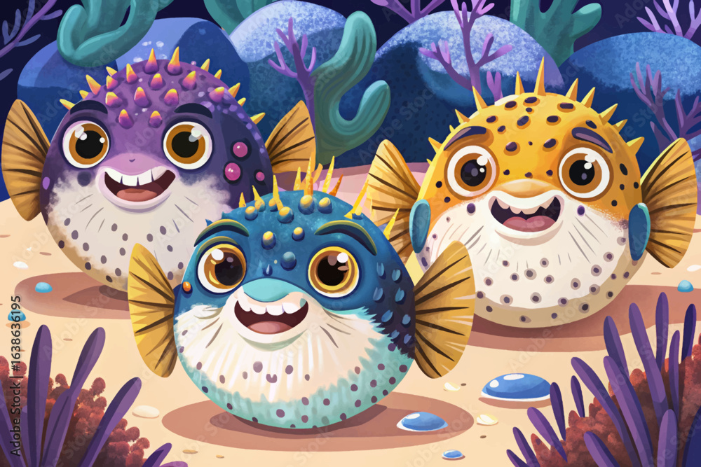 Obraz premium pufferfish inflated fish coral reef, marine behavior, tropical fish, ocean wildlife, underwater scene, sea life, aquatic animal