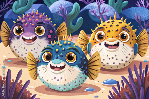 pufferfish inflated fish coral reef, marine behavior, tropical fish, ocean wildlife, underwater scene, sea life, aquatic animal