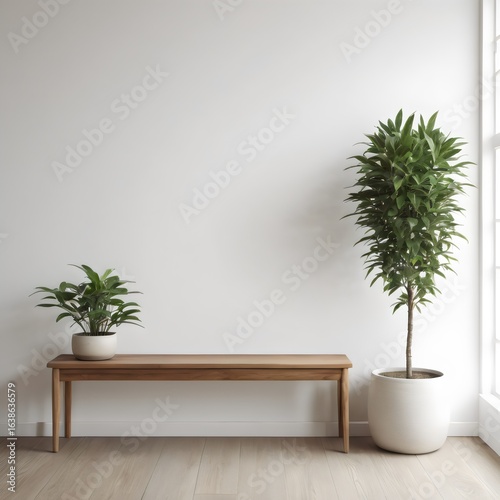 Spacious Minimalist Room with a Large Potted Plant on a Bench