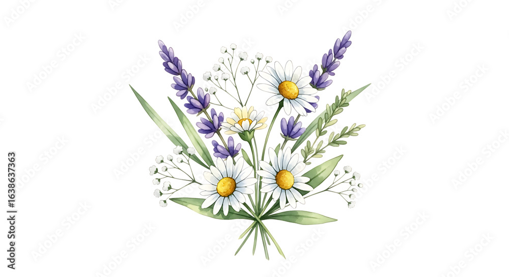 Naklejka premium Watercolor bouquet of daisies and lavender isolated on transparent background