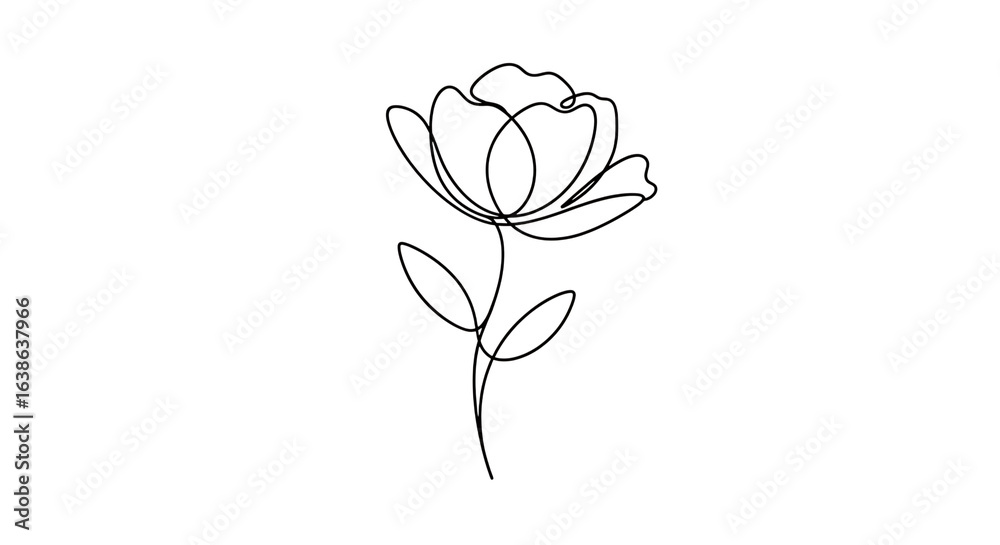 Obraz premium Minimalist line art drawing of a single flower with stem and leaves, isolated on transparent background