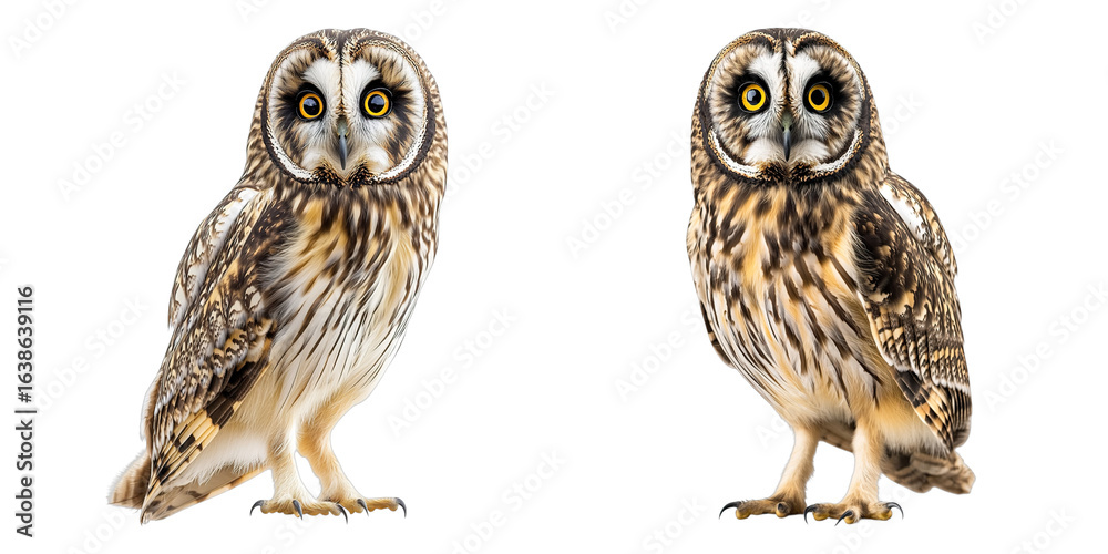 Fototapeta premium Two owls are standing side by side on a white background
