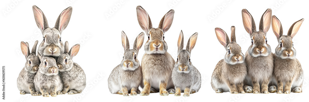 Three rabbits are sitting in a row, with the middle rabbit looking at the camera Three rabbits are sitting in a row, with the middle rabbit looking at the camera