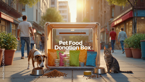 Pet food donation box with dog and cat on street in urban setting  