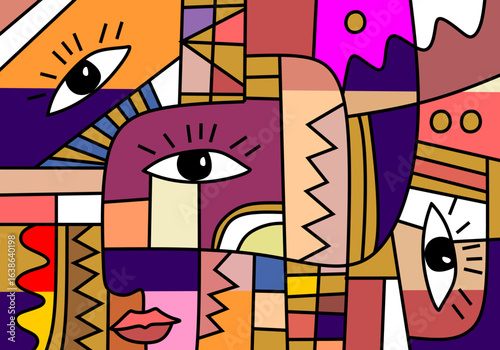 cubism abstract portrait featuring a stylized face with one large expressive eye