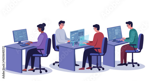 Diverse group of individuals focused on their computer screens, engaged in work or study in a modern office or classroom setting.