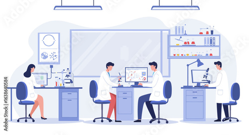 Four scientists in a modern laboratory conducting research with microscopes and computers, surrounded by scientific equipment and charts.