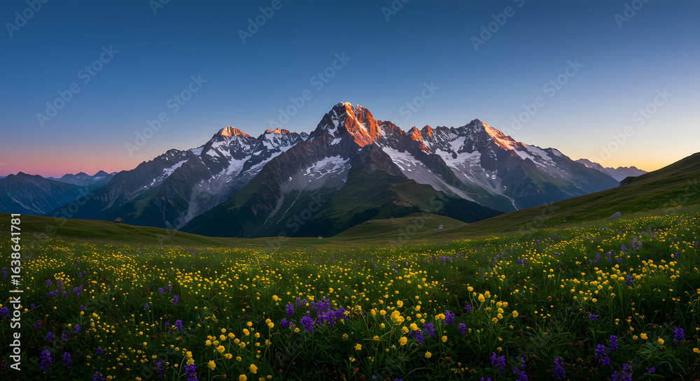 Fototapeta premium Majestic mountain peaks bathed in golden sunrise light, with a vibrant meadow of wildflowers in the foreground.