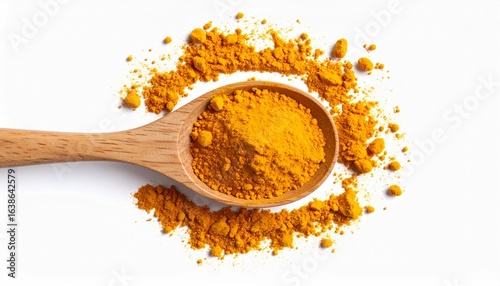 Fototapeta Naklejka Na Ścianę i Meble -  Turmeric spice in wooden spoon with scattered powder for cooking and health benefits