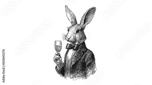 Elegant rabbit drinking wine in tuxedo with bow tie
