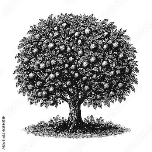 Detailed black and white illustration of a mature fruit laden apple tree with a textured trunk and grassy ground cover