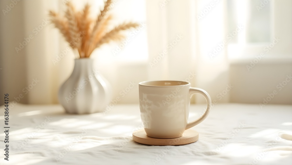 Fototapeta premium Photo of a mug of coffee on a table with pampas grass in the background