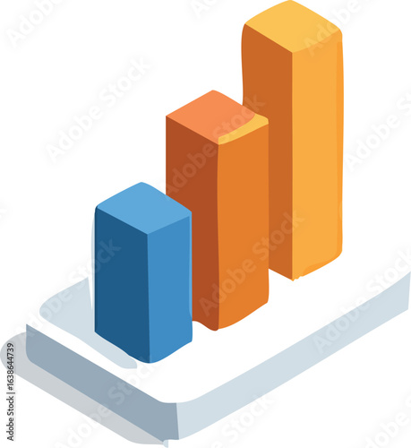 An isometric bar chart with three ascending columns representing growth and data analysis.