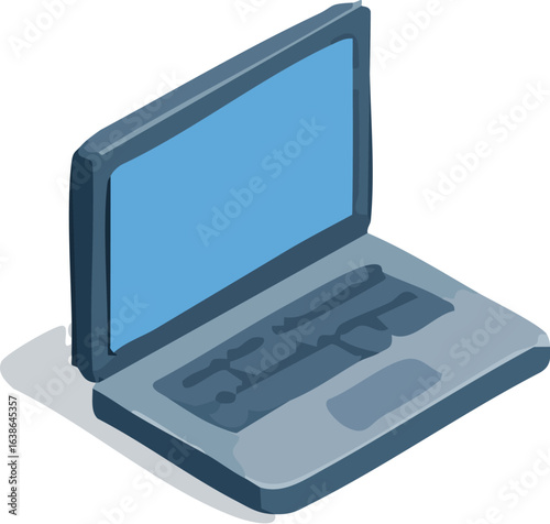 A stylized isometric illustration of an open laptop computer with a blank blue screen.