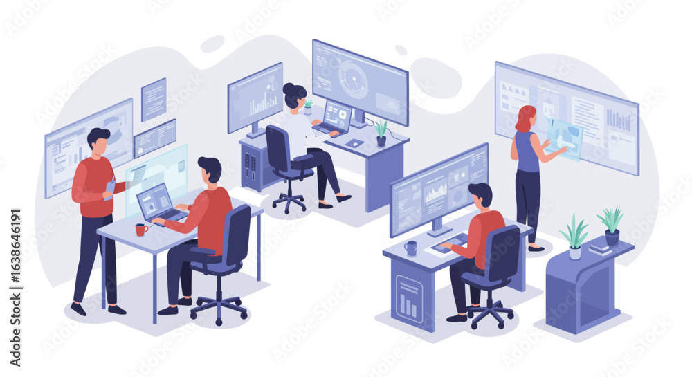 Obraz premium Illustration of a modern office space with several people working on computers and interactive screens, collaborating on data analysis and software development.