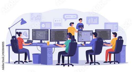 A team of software developers working collaboratively in an open-plan office environment with multiple computer screens displaying code and data.