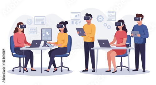 A group of people using VR headsets, laptops, and tablets, interacting with virtual reality in a collaborative workspace setting.