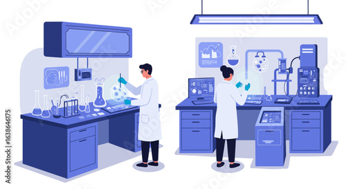 Scientists in lab coats conducting experiments and research with advanced equipment in a modern laboratory setting.