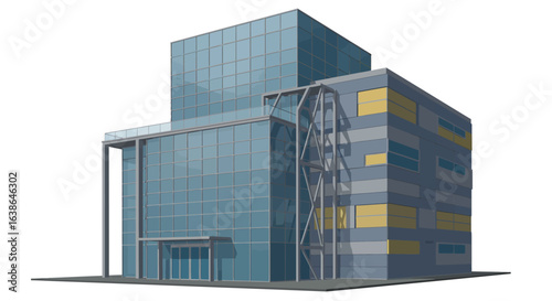 An architectural illustration of a modern multi-story commercial building featuring a glass facade, an external elevator, and yellow panels, isolated on a white background.