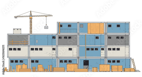 A modular building made of stacked shipping containers under construction with a crane.