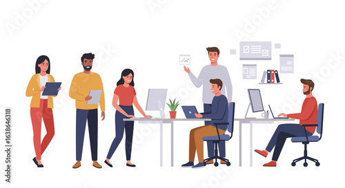 Diverse group of people working collaboratively in a modern office setting, engaged in discussion and tasks.