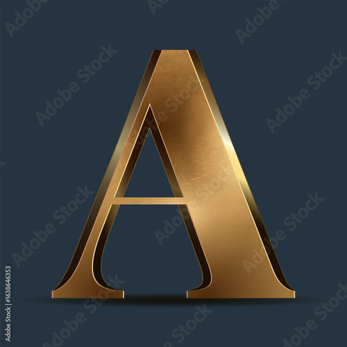 Luxury golden 3D symbol on dark blue. Elegant letter for decorative font design. Premium 3D metallic alphabet for birthday, competition result, calendars, postcards or any advertising