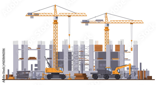 A large-scale construction site with multiple yellow tower cranes, heavy machinery, and partially built concrete structures, illustrating urban development.