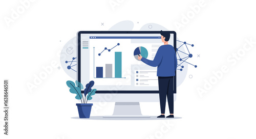 A professional man analyzing business data and statistics on a large computer monitor, showcasing digital analytics and reporting.