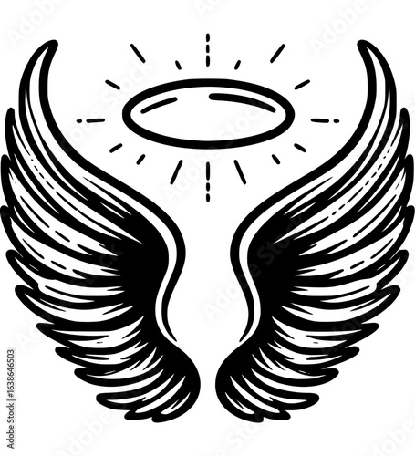 Heiligenschein und Flügel – Spirituelles Symbol in Schwarz-Weiß - 2