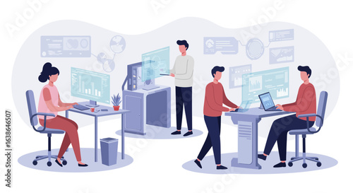Team of software developers collaborating on a project in a modern office.