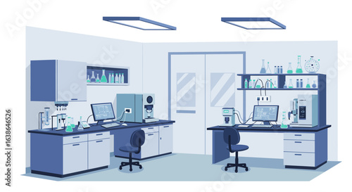 A clean, modern scientific laboratory interior with advanced research equipment and workstations.