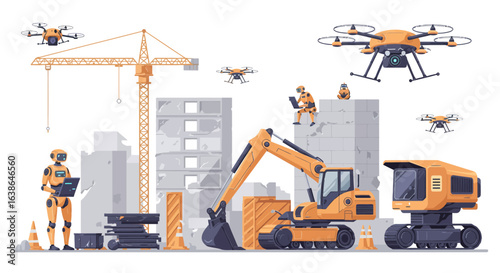 A futuristic construction site with robots, drones, and autonomous machinery building modern structures.