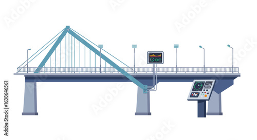Side view of a modern cable-stayed bridge featuring a digital billboard and a high-tech control panel.