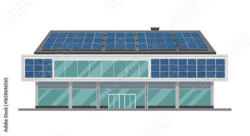 Modern building facade featuring a prominent roof covered in solar panels and large glass windows on multiple levels, suggesting sustainable energy and contemporary design.