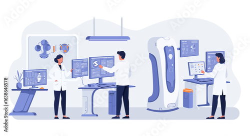 Scientists in a modern laboratory setting, analyzing medical scans and operating advanced diagnostic equipment for research and patient care.