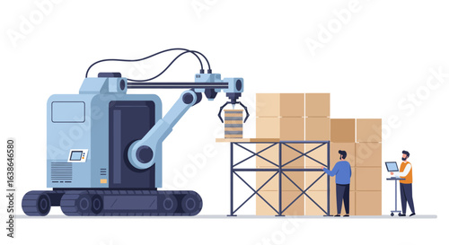 Automated robotic arm efficiently stacking boxes in a warehouse, overseen by human workers managing operations.