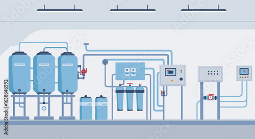 Automated industrial water purification system with large tanks, pipes, and control panels.