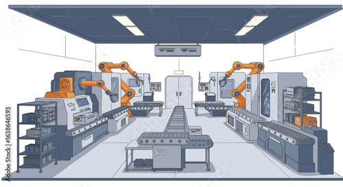 Automated factory floor with robotic arms operating advanced manufacturing machines and conveyor belts.