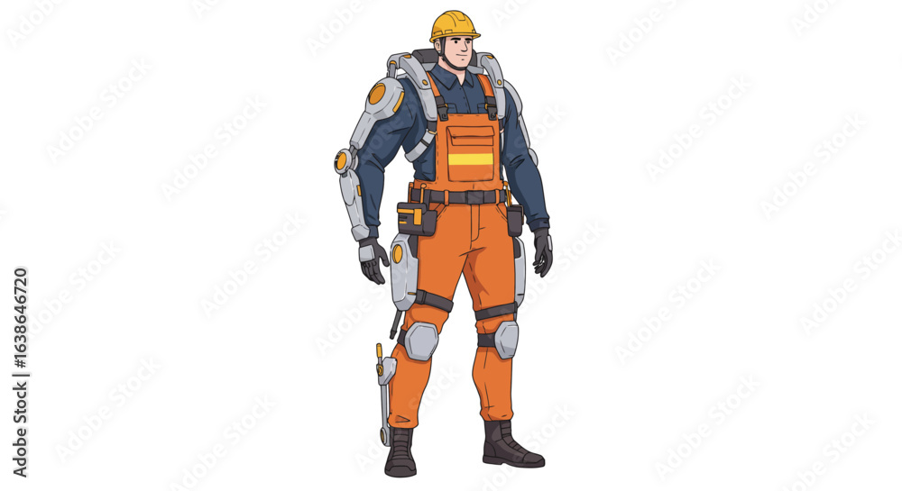 Powerful futuristic construction worker in orange overalls and advanced robotic arm enhancements. Powerful futuristic construction worker in orange overalls and advanced robotic arm enhancements.