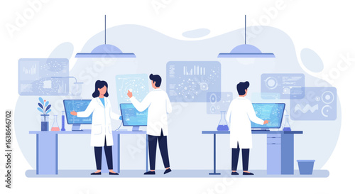 Scientists in lab coats working with digital interfaces, conducting research and analysis.